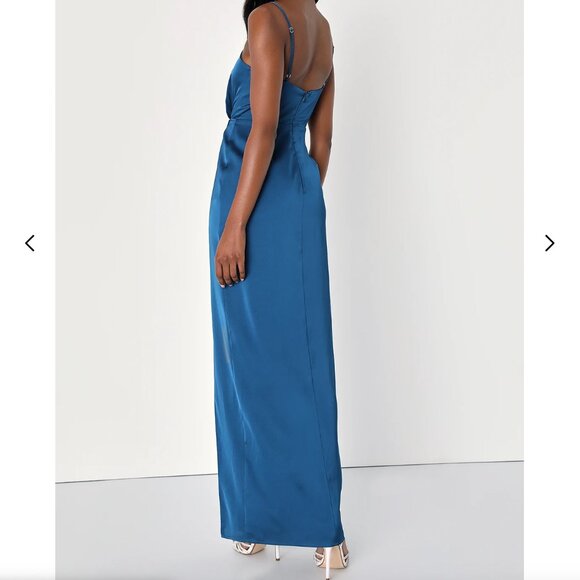 Lulus Destiny Awaits Navy Blue Satin Faux-wrap Maxi Dress - Size XS - Picture 4 of 4